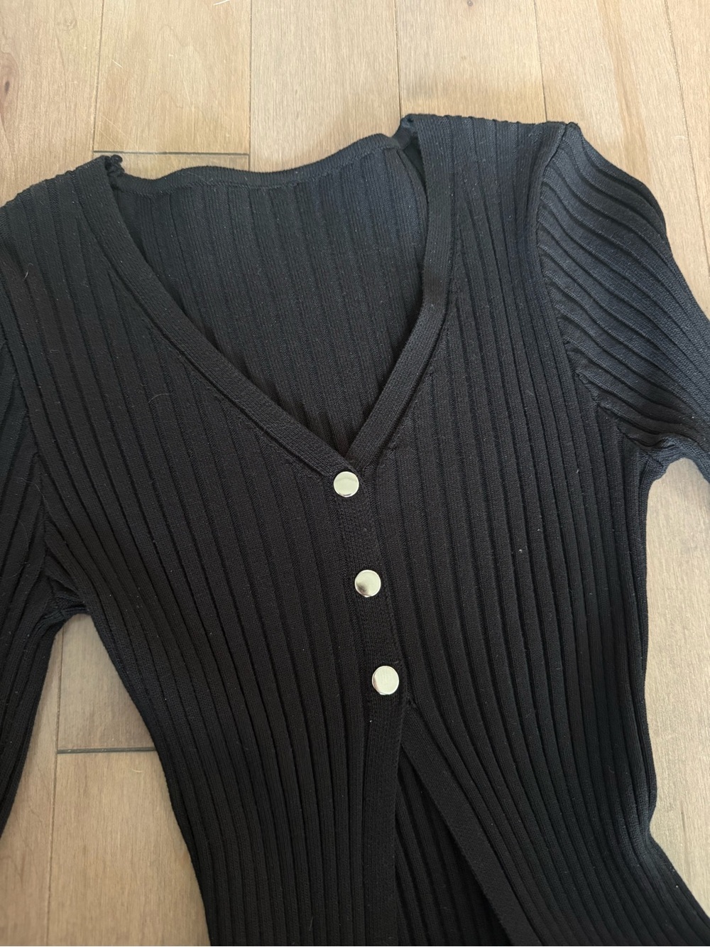 Commense Black Ribbed V-Neck Open Front Sweater
